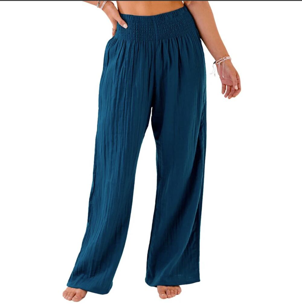 NWT Lotus and Luna Women's Cotton Gauze Deep Teal Wide Leg Pacific Pants S
